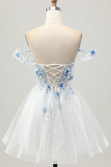 White A Line Corset Off the Shoulder Homecoming Dress with 3D Flowers